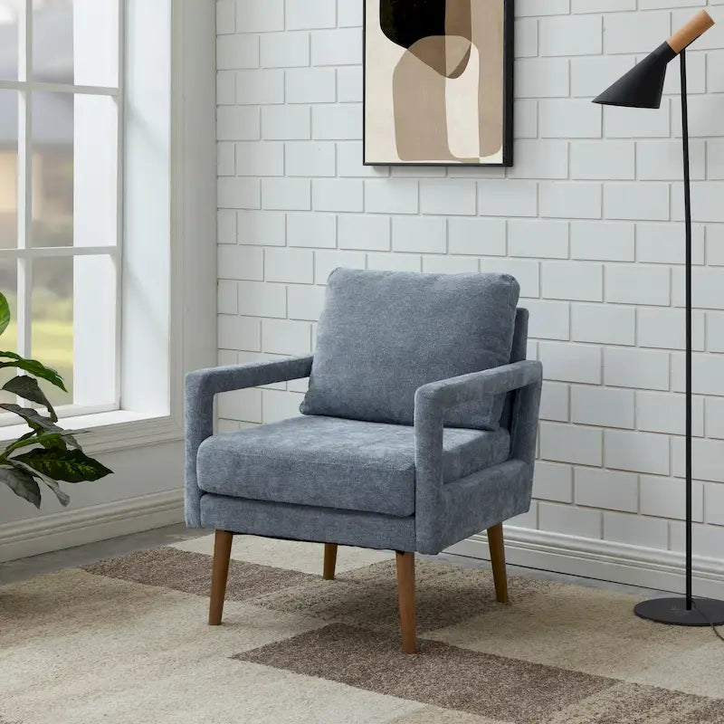 Niebieski Fotel Akcentujący Tapicerowany Szenilą | Styl Nowoczesny z Połowy XX Wieku | Ergonomiczna Poduszka | Szerokość 66 cm