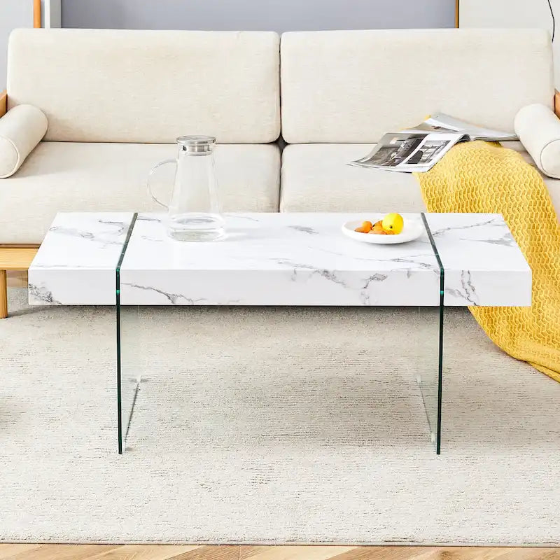 Prostokątny stolik kawowy ze szklanymi nogami, boczne stoły drewniane, stoły centralne drewniane do salonu, recepcji