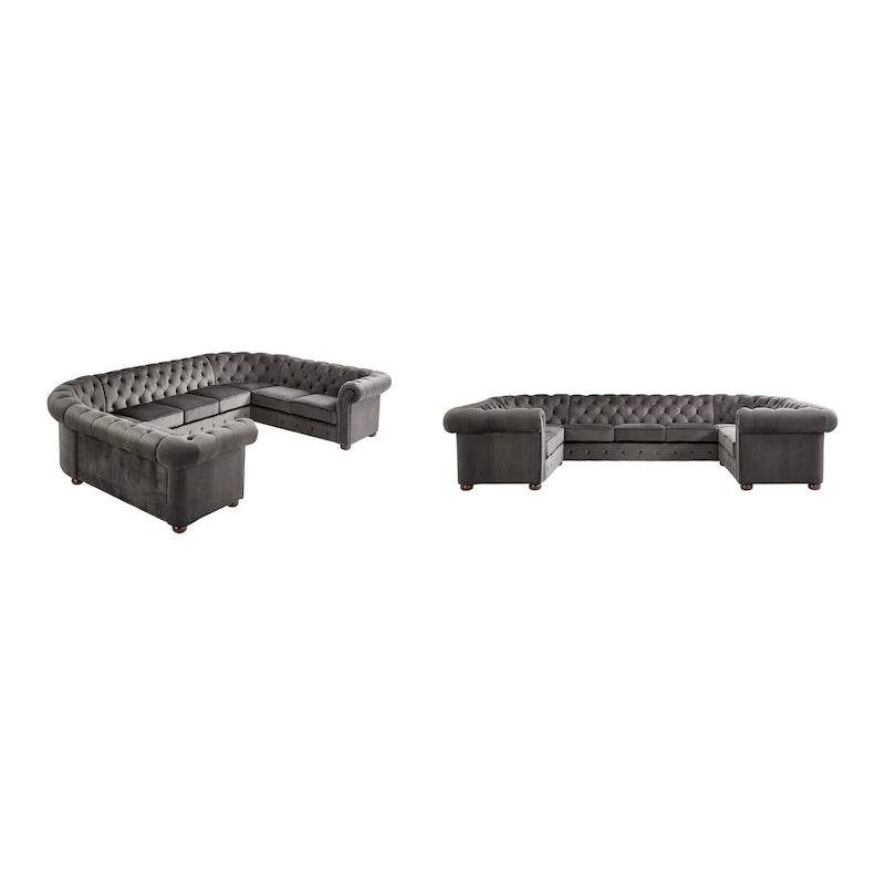 9-osobowa sofa modułowa Chesterfield w kształcie litery U | Pikowany aksamit | Kanapa do salonu