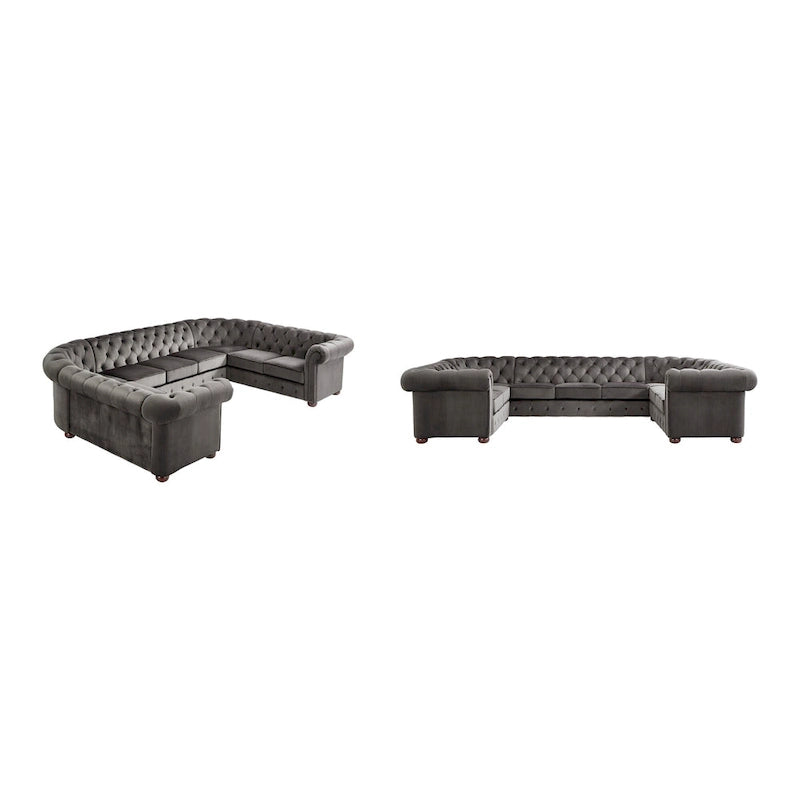 9-osobowa sofa modułowa Chesterfield w kształcie litery U | Pikowany aksamit | Kanapa do salonu
