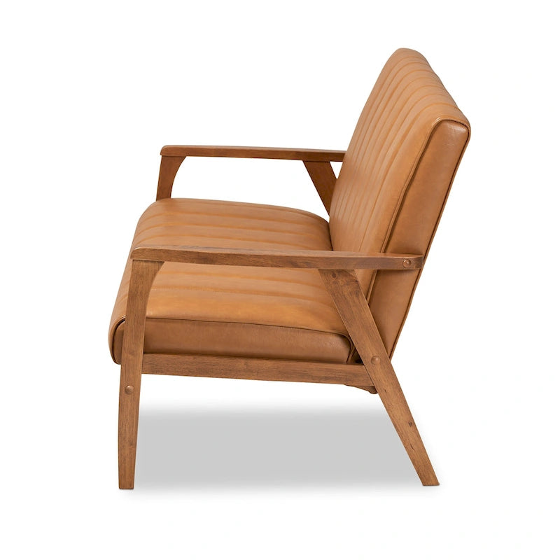 Sofa ze sztucznej skóry i drewna orzechowego | Tapicerka w kolorze jasnobrązowym | Salon w stylu Mid-Century Modern
