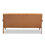 Sofa ze sztucznej skóry i drewna orzechowego | Tapicerka w kolorze jasnobrązowym | Salon w stylu Mid-Century Modern