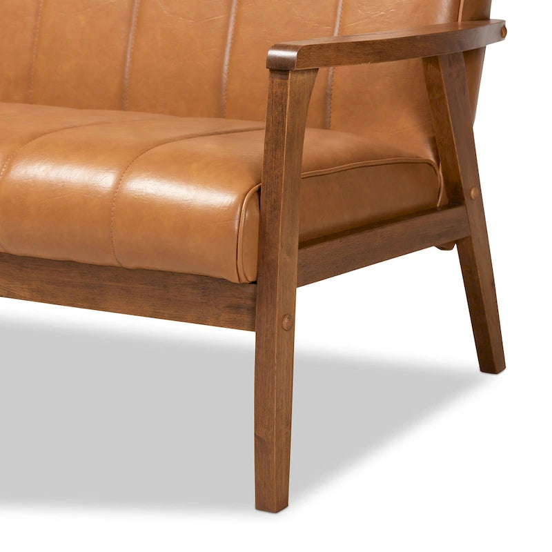 Sofa ze sztucznej skóry i drewna orzechowego | Tapicerka w kolorze jasnobrązowym | Salon w stylu Mid-Century Modern