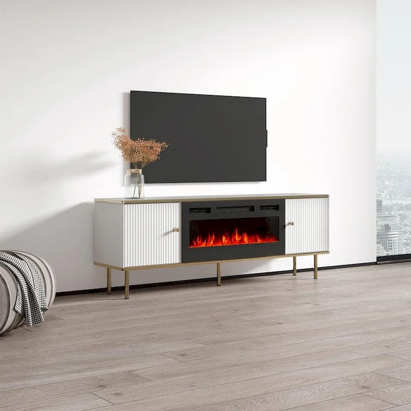 Stolik RTV z kominkiem elektrycznym 63 cale | Pasuje do telewizorów 70" | 3 kolory płomienia | Pilot zdalnego sterowania | Biały lub czarny