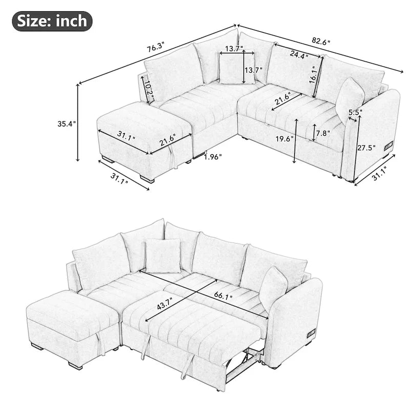 82,6 cala Narożna rozkładana sofa z funkcją spania z dwoma portami USB, dwoma gniazdkami elektrycznymi i ruchomą otomaną z miejscem do przechowywania, beżowa