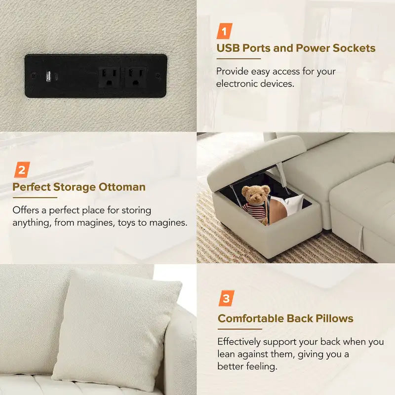 82,6 cala Narożna rozkładana sofa z funkcją spania z dwoma portami USB, dwoma gniazdkami elektrycznymi i ruchomą otomaną z miejscem do przechowywania, beżowa
