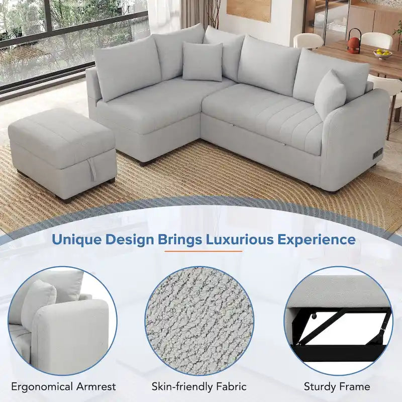 82,6 cala Narożna rozkładana sofa z funkcją spania z dwoma portami USB, dwoma gniazdkami elektrycznymi i ruchomą otomaną z miejscem do przechowywania, beżowa