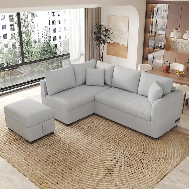 82,6 cala Narożna rozkładana sofa z funkcją spania z dwoma portami USB, dwoma gniazdkami elektrycznymi i ruchomą otomaną z miejscem do przechowywania, beżowa