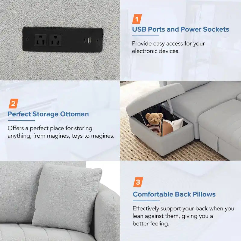 82,6 cala Narożna rozkładana sofa z funkcją spania z dwoma portami USB, dwoma gniazdkami elektrycznymi i ruchomą otomaną z miejscem do przechowywania, beżowa