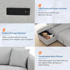 82,6 cala Narożna rozkładana sofa z funkcją spania z dwoma portami USB, dwoma gniazdkami elektrycznymi i ruchomą otomaną z miejscem do przechowywania, beżowa