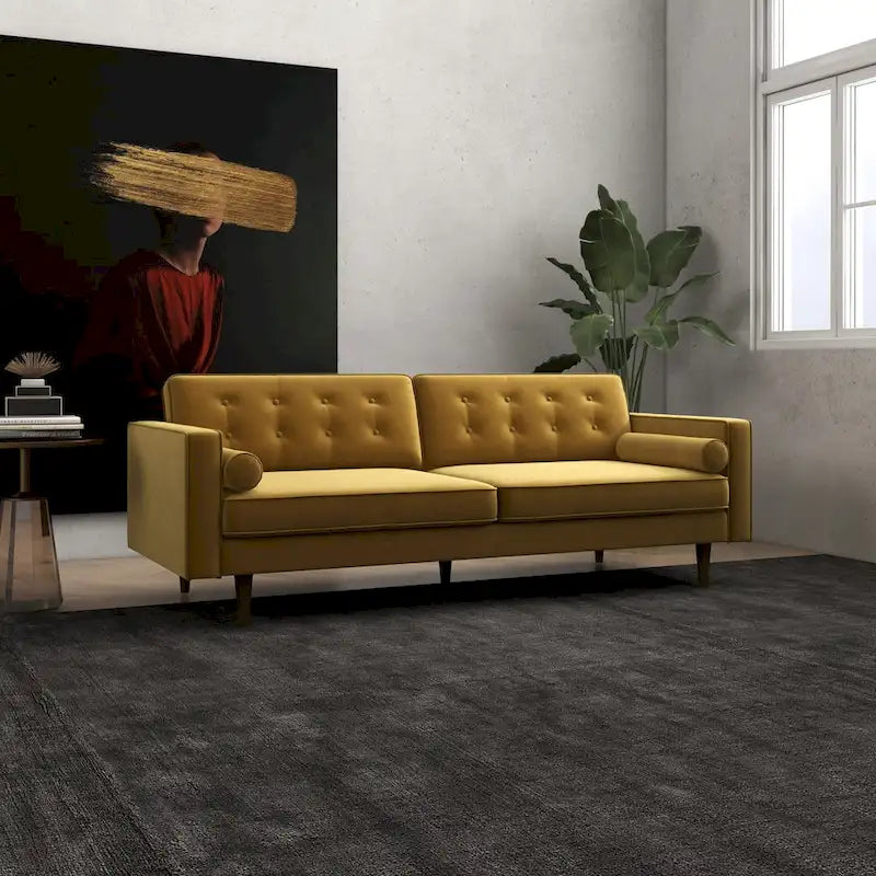 Aksamitna złota kanapa do salonu w stylu mebli Mid Century Modern Clayton