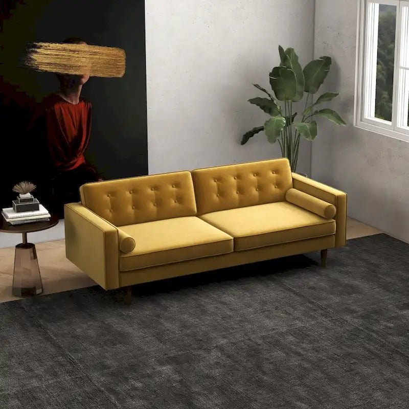 Aksamitna złota kanapa do salonu w stylu mebli Mid Century Modern Clayton