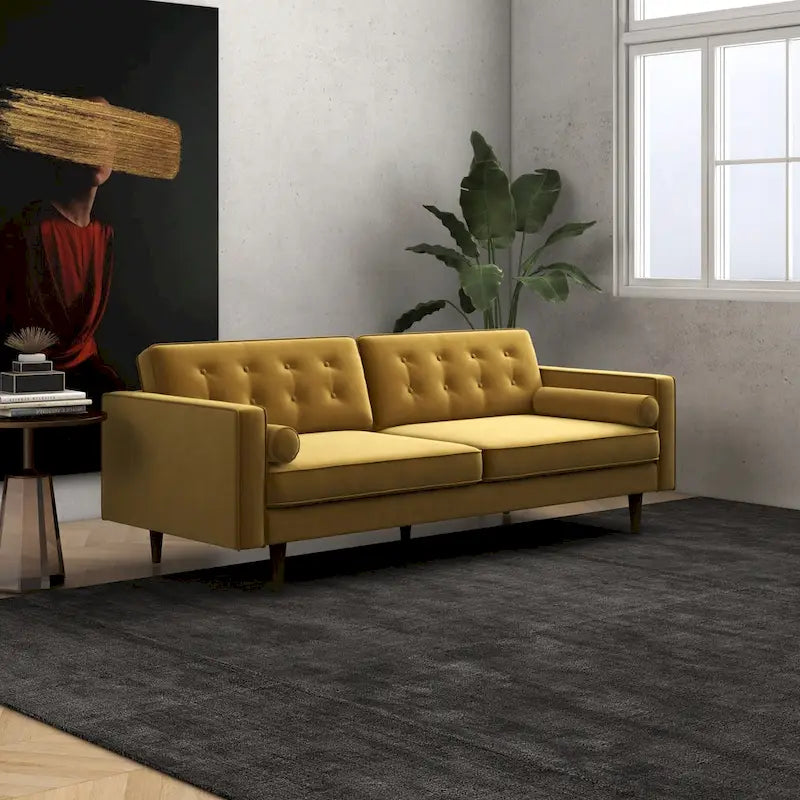 Aksamitna złota kanapa do salonu w stylu mebli Mid Century Modern Clayton