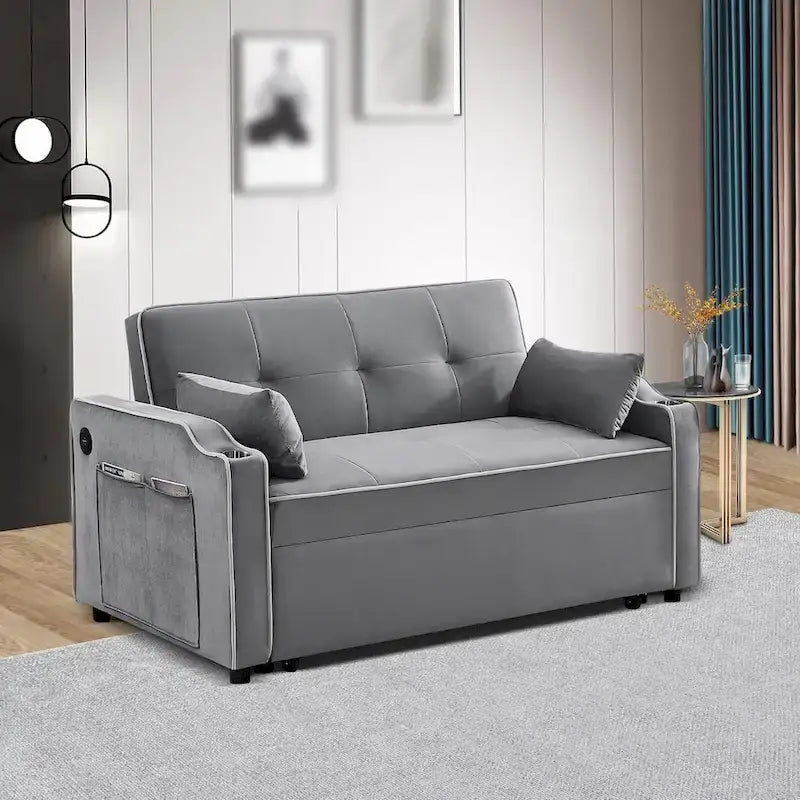 Rozkładana sofa 3 w 1, nowoczesna dwuosobowa aksamitna sofa z wysuwanym łóżkiem