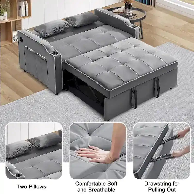 Rozkładana sofa 3 w 1, nowoczesna dwuosobowa aksamitna sofa z wysuwanym łóżkiem