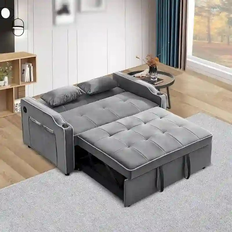 Rozkładana sofa 3 w 1, nowoczesna dwuosobowa aksamitna sofa z wysuwanym łóżkiem