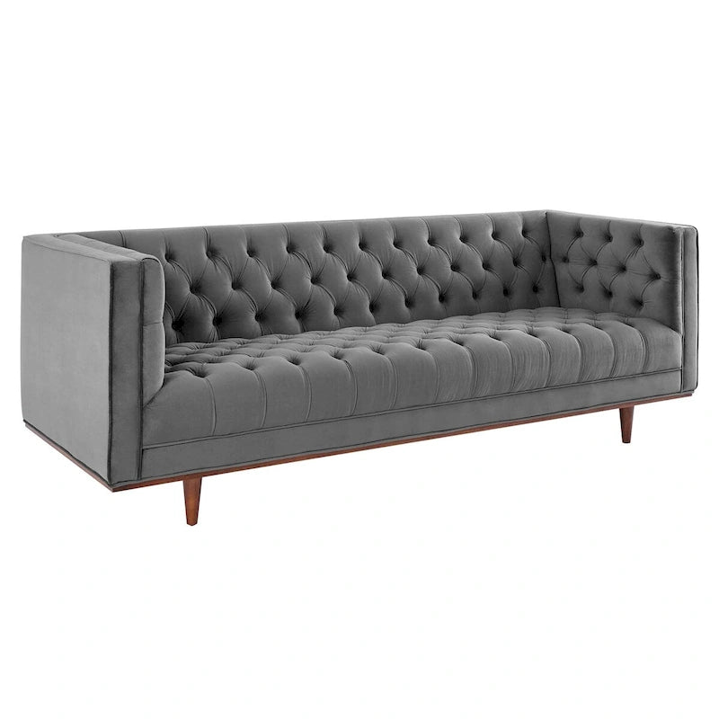 Sofa tapicerowana aksamitem | Pikowanie guzikami w kształcie rombów | Styl glamour art déco | Nogi z drewna kauczukowego | Obciążenie do 400 kg