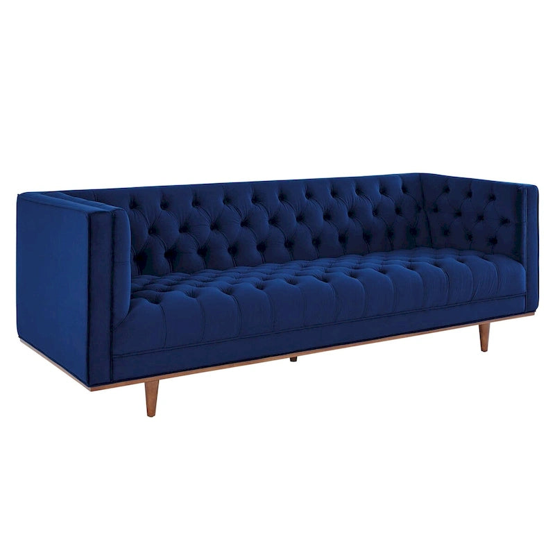 Sofa tapicerowana aksamitem | Pikowanie guzikami w kształcie rombów | Styl glamour art déco | Nogi z drewna kauczukowego | Obciążenie do 400 kg