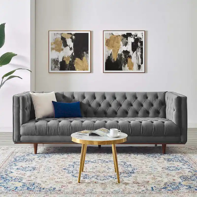 Sofa tapicerowana aksamitem | Pikowanie guzikami w kształcie rombów | Styl glamour art déco | Nogi z drewna kauczukowego | Obciążenie do 400 kg