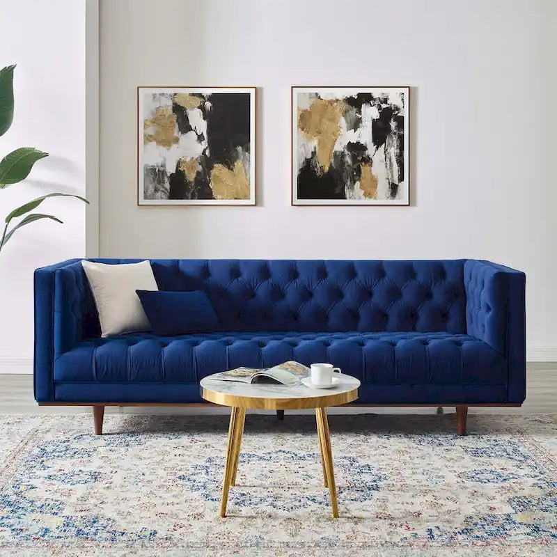 Sofa tapicerowana aksamitem | Pikowanie guzikami w kształcie rombów | Styl glamour art déco | Nogi z drewna kauczukowego | Obciążenie do 400 kg