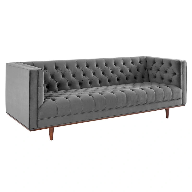 Sofa tapicerowana aksamitem | Pikowanie guzikami w kształcie rombów | Styl glamour art déco | Nogi z drewna kauczukowego | Obciążenie do 400 kg