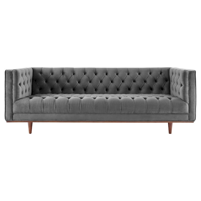 Sofa tapicerowana aksamitem | Pikowanie guzikami w kształcie rombów | Styl glamour art déco | Nogi z drewna kauczukowego | Obciążenie do 400 kg