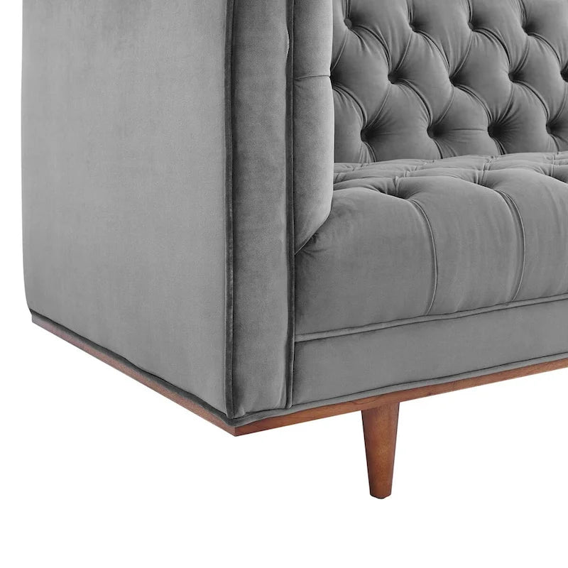 Sofa tapicerowana aksamitem | Pikowanie guzikami w kształcie rombów | Styl glamour art déco | Nogi z drewna kauczukowego | Obciążenie do 400 kg