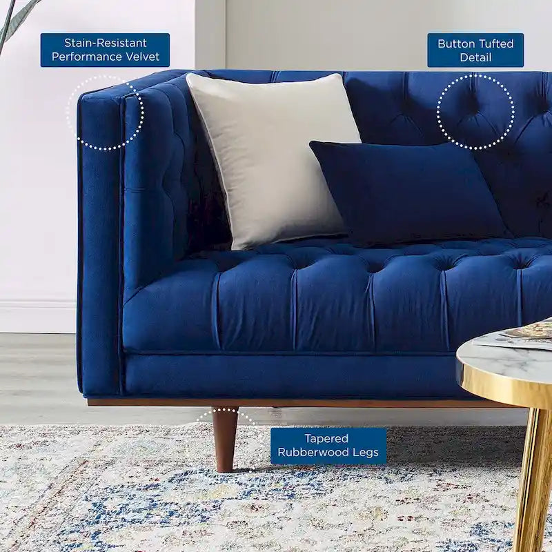 Sofa tapicerowana aksamitem | Pikowanie guzikami w kształcie rombów | Styl glamour art déco | Nogi z drewna kauczukowego | Obciążenie do 400 kg