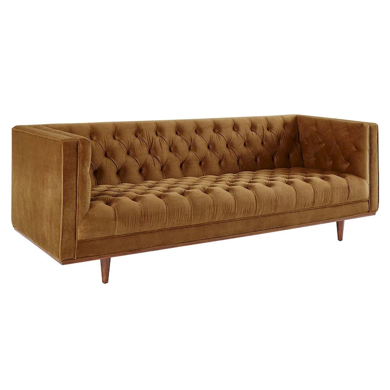 Sofa tapicerowana aksamitem | Pikowanie guzikami w kształcie rombów | Styl glamour art déco | Nogi z drewna kauczukowego | Obciążenie do 400 kg