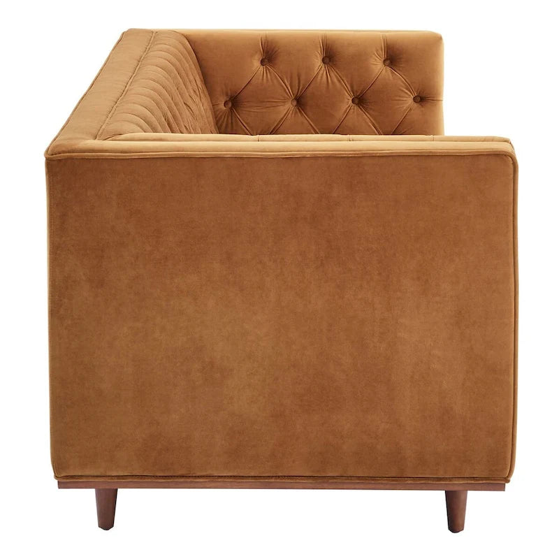 Sofa tapicerowana aksamitem | Pikowanie guzikami w kształcie rombów | Styl glamour art déco | Nogi z drewna kauczukowego | Obciążenie do 400 kg