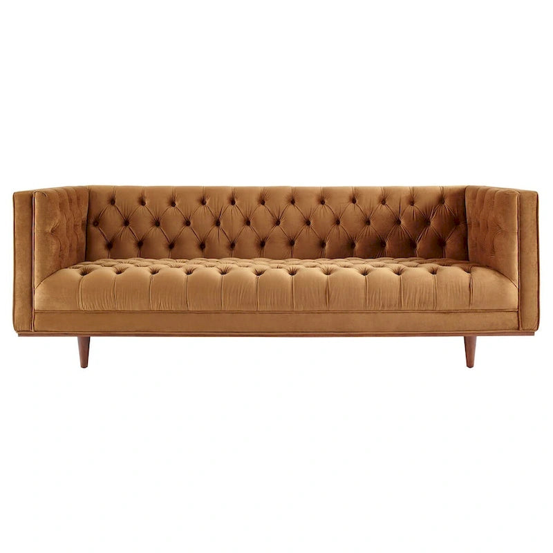 Sofa tapicerowana aksamitem | Pikowanie guzikami w kształcie rombów | Styl glamour art déco | Nogi z drewna kauczukowego | Obciążenie do 400 kg