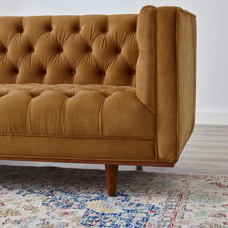 Sofa tapicerowana aksamitem | Pikowanie guzikami w kształcie rombów | Styl glamour art déco | Nogi z drewna kauczukowego | Obciążenie do 400 kg