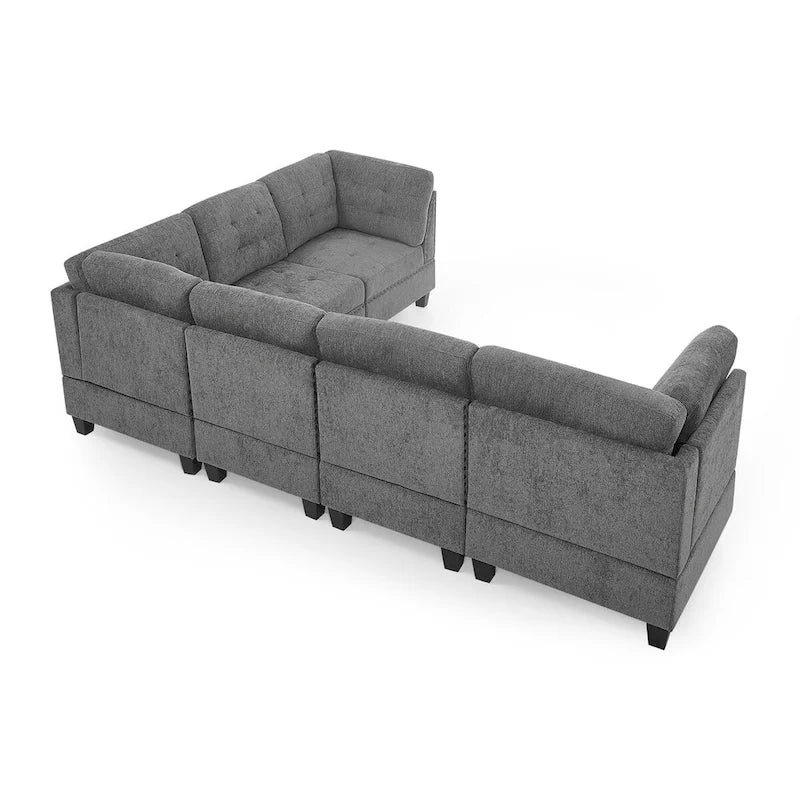 Sofa modułowa w kształcie litery L z szarej szenili z trzema pojedynczymi fotelami i trzema narożnikami – 116W x 89.5D x 36.5H