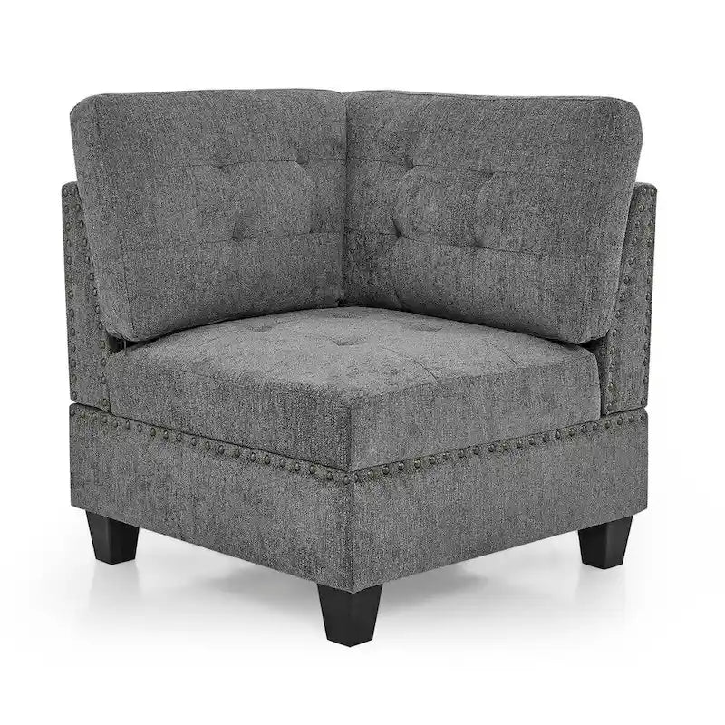 Sofa modułowa w kształcie litery L z szarej szenili z trzema pojedynczymi fotelami i trzema narożnikami – 116W x 89.5D x 36.5H