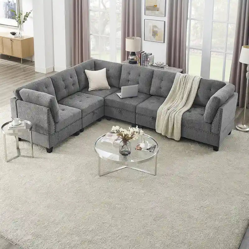 Sofa modułowa w kształcie litery L z szarej szenili z trzema pojedynczymi fotelami i trzema narożnikami – 116W x 89.5D x 36.5H