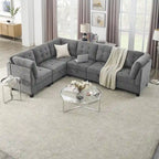 Sofa modułowa w kształcie litery L z szarej szenili z trzema pojedynczymi fotelami i trzema narożnikami – 116W x 89.5D x 36.5H