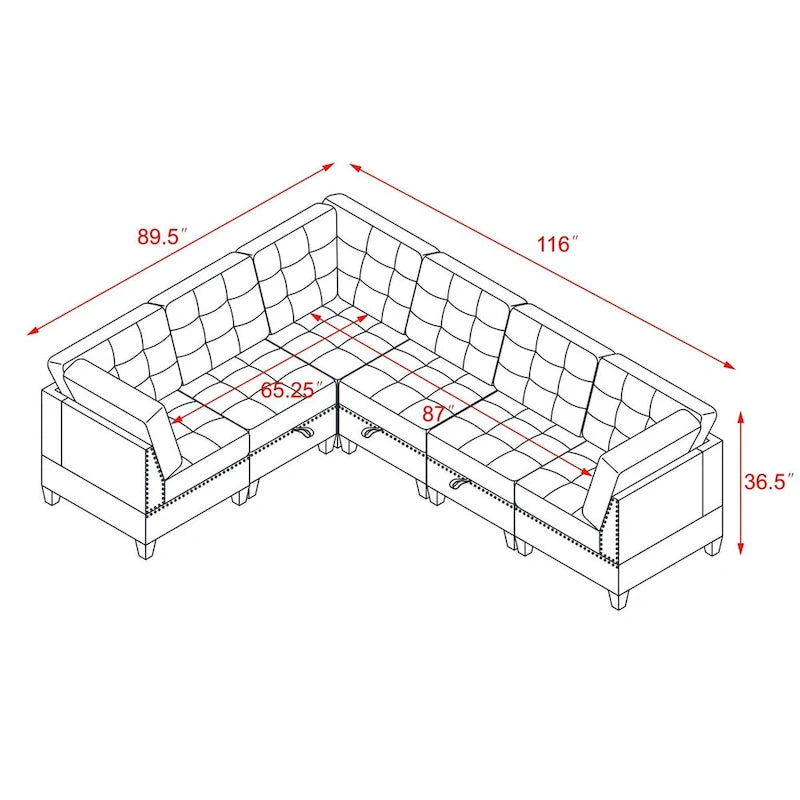 Sofa modułowa w kształcie litery L z szarej szenili z trzema pojedynczymi fotelami i trzema narożnikami – 116W x 89.5D x 36.5H